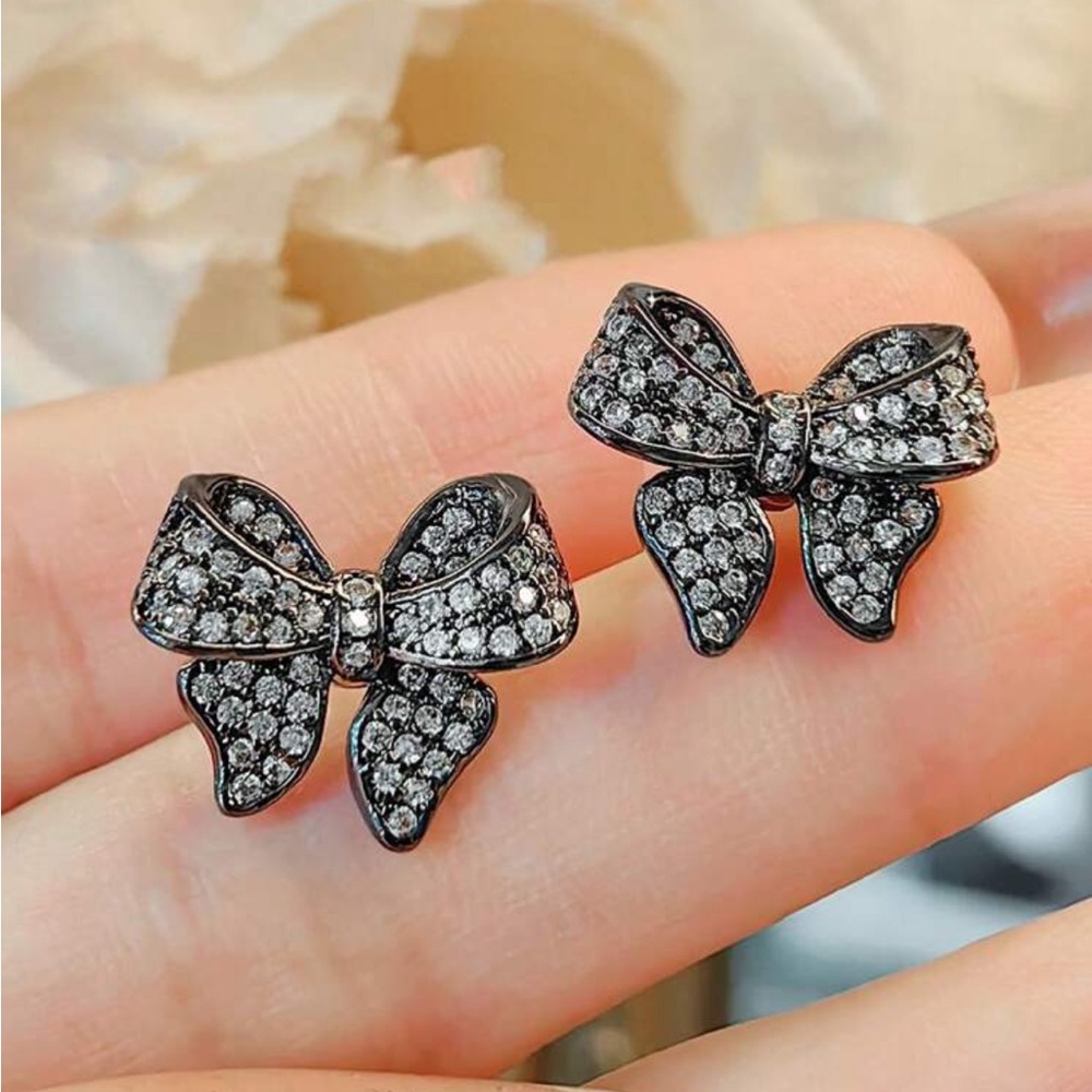 Gunmetal Black and Gray Cubic Zirconia Bow Earrings